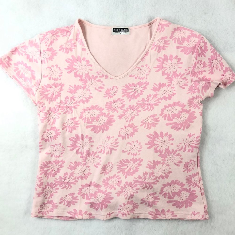 4/$15 Giordano Women's XL Pink with Glitter Floral Short Sleeve T Shirt